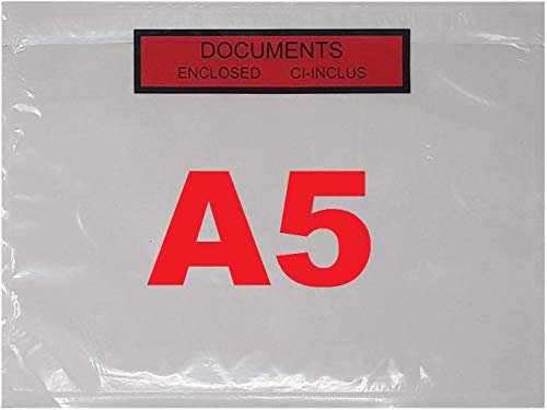 250 Pochettes porte document C5 225 x 165 mm adhésives transparentes ci-inclus et documents Enclosed format A5 (feuille A4 plié en 2) pour colis, paquets, petite palette, Pochette autocollant fort