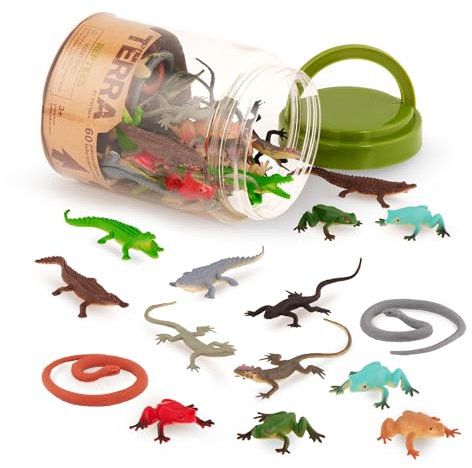 Terra 60-teilig Tierfiguren Sammlung Reptilien und Amphibien Spielzeug Set – Schlangen, Frösche, Krokodile, Eidechsen und mehr – Spielzeug ab 3 Jahren