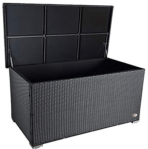 RS Trade® exclusive 'Venezia' 950 L Polyrattan Garten Kissenbox wetterfest wasserdicht 146 x 83 x 80 cm, Auflagenbox mit verstärktem Deckel und Gasdruckfedern, auch als Tischplatte geeignet, Schwarz