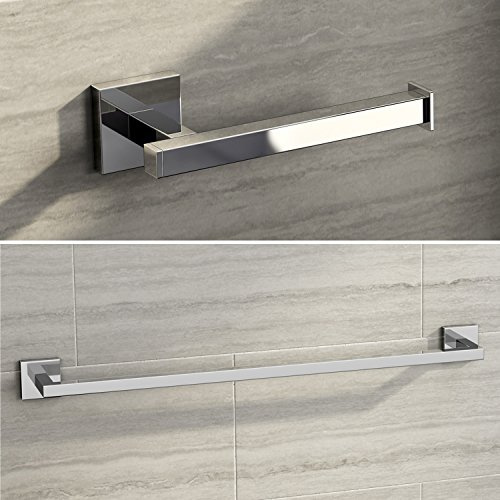 iBathUK | Modern Square Bathroom Accessory Set Towel Rail + Toilet Toll Holder ACCJS3