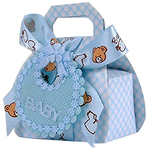 20 Stück Farbige Konfektschachteln, Motiv Bär und Lätzchen, Karton mit Schleife, Zubehör für Geburt und Taufe hellblau
