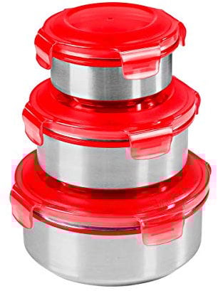 King Set 3/6 TLG. Klickbox, Kunststoff, Edelstahl mit rotem Klickdeckel, 1200 ml, 650 ml, 350 ml