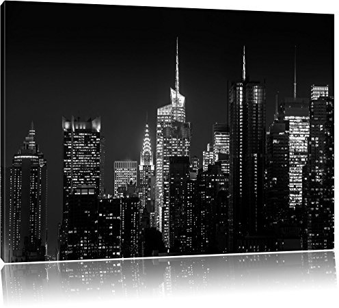 Pixxprint Dark New York von oben schwarz weiß, Bild, Größe: 100x70cm, Leinwandbild, fertig gespannt, Wandbild, Dekoration, Kunstdruck, kein Poster
