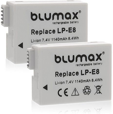 Blumax Camera Battery Pack of 2 for Canon LP-E8 Suitable for EOS 550D 600D 650D 700D / EOS Kiss X4 X5 X6i X7 / Digital Rebel T2i T3i T4i T5i