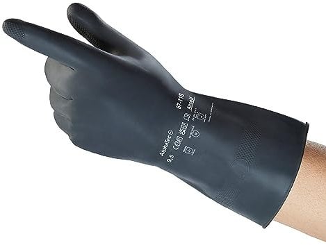 Ansell AlphaTec 87-118 Chemical Resistant Gloves in Latex, Heavy Duty Protection against Splash, Acids and Solvents, Reusable Rubber Latex Gloves, Cotton Flocked, Black, Size S (12 Pairs)