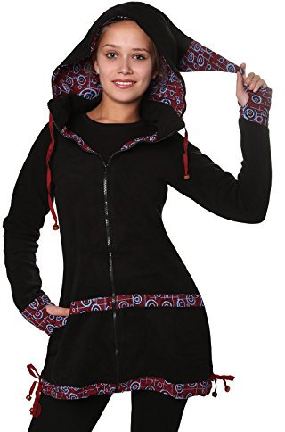 Kunst und Magie kurzer Damenmantel aus Fleece mit abnehmbarer Zipfelkapuze Fairy, Size/Größe:36;Farbe:Schwarz/Bordeaux