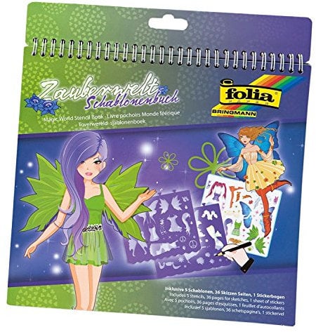 folia 41201 - Schablonenbuch Zauberwelt, Block mit 36 Malvorlagen, 5 Schablonen und 1 Stickerbögen - ideal für Mädchen