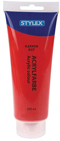 Stylex 28517 – Peinture acrylique à base d'eau, tube de 200 ml en rouge carmin, mat, haute couverture et couleur, résistant à la lumière, séchage rapide et imperméable