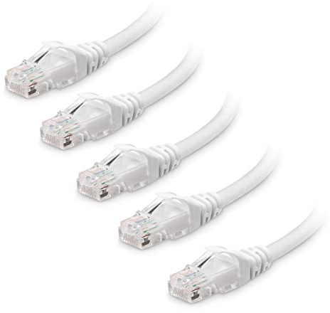 Cable Matters 5-Pack 10Gbps Snagless Cat 6 Ethernet Cable, 2.1m, White | 24 AWG Bare Copper, Gold-Plated RJ45 Contacts, 550MHz, PoE++, Cat6 LAN Cable for Routers, Switches and PCs