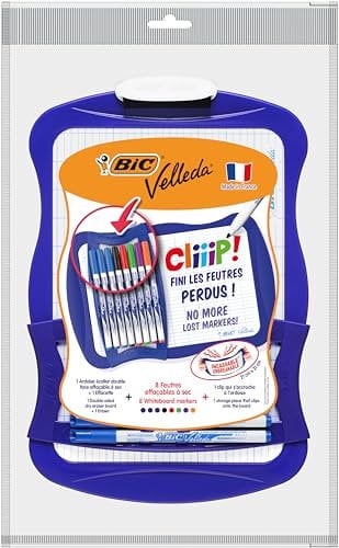 BIC 967444 Velleda Cliiip Set Whiteboard (21 x 31 cm) Wischer; 8 abwischbare Marker -10er Set, Färblich Sortiert
