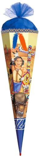 mit echten Federn ! - Schultüte - Indianer - 85 cm - mit Holzspitze/Tüllabschluß - Zuckertüte Roth - für Mädchen & Jungen - Western Indianerfedern Cowboy Hä..