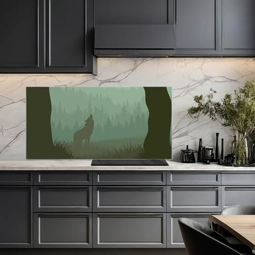 banjado Küchenrückwand Glas ohne Bohren 110x55cm – Glasrückwand Küche mit Motiv Heulender Wolf/Spritzschutz Küchenrückwand Glas/selbstklebende Küchenrückwand Platte - magnetisch & beschreibbar