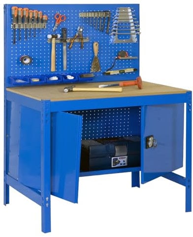 SimonRack Werkbank, Tragkraft 600 kg, 1445 x 1210 x 610 mm, Lochplatte, Aromiere mit Regal, Arbeitstisch, Basteln, Blau/Holz – BT2