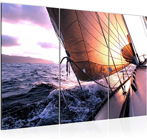 Runa Art Eau Bateau Peinture Tableau Salon XXL Violet Pourpre Paysage 120 x 80 cm 3 Parties Decoration Murale 600931a