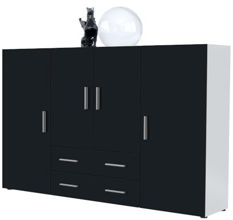 Vladon Highboard Nora Anrichte mit 2 Schubladen und 4 Türen mit insgesamt 8 Fächer dahinter, Weiß matt/Schwarz matt (166,5 x 106,5 x 35 cm)