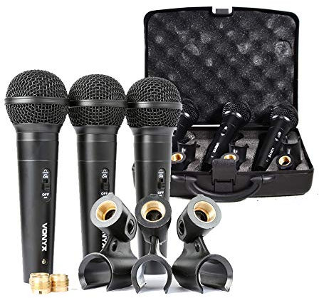 VONYX VX1800S Wired Handheld Microphone Set of 3, Dynamic Vocal Microphones Kit with Carry Case, XLR Connector, Mic Clips & Adaptors for Karaoke, Singing, Band Practice & PA Systems