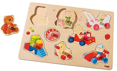 HABA 301963 - Greifpuzzle Meine ersten Spielzeuge , Holzspielzeug ab 12 Monaten , 8-teiliges Puzzle aus Holz mit bunten Spielzeugmotiven , Mit großen Knöpfen zum Greifen