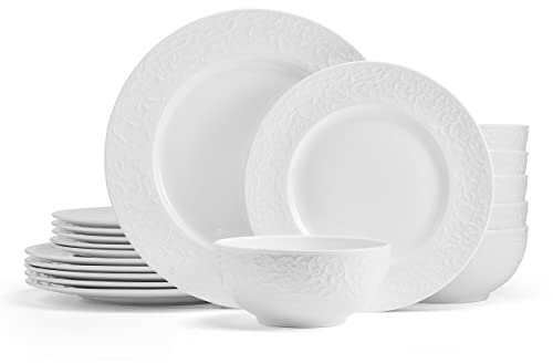 Mikasa Vajilla de porcelana blanca de pergamino, ligera, resistente a las astillas, 18 piezas, servicio para 6