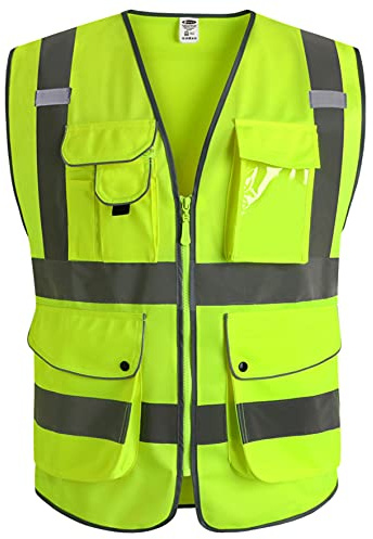 JKSafety 9 Pockets Class 2 High Visibility Zipper Front Safety Vest With Reflective Strips,Meets ANSI/ISEA Standard (X-Large, Yellow)