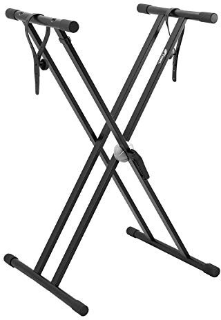 Tiger KYS16-BK Fully Adjustable Keyboard Stand - Heavy-Duty Double-Braced Steel - Toothed Locking Mechanism - Suitable for Standing or Seated Playing - Includes Straps for Securing Keyboard or Piano