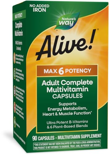 Nature's Way Alive! Max6 Potency Adult Complete Multivitamin, Vitamins A,C, E & B-Vitamins, Methyl B12 & Folate, Supports Heart & Muscle Function and Energy Metabolism*, No Added Iron, 90 Capsules