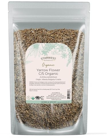 Starwest Botanicals Organic Yarrow Flowers - Dried Loose Leaf Herb for Tea, Cut & Sifted, Certified Kosher, Non-GMO - 4 oz Bag