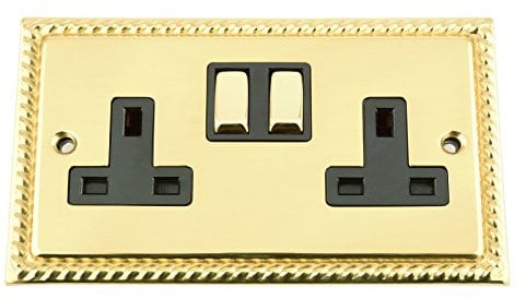 Wall Socket 2 Gang - Polished Mirror Brass Georgian - Black Insert - Metal Rocker Switch - 13A Double Plug Socket