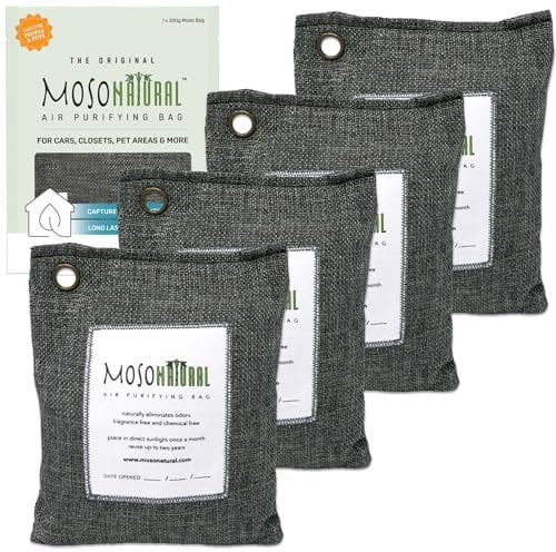 Moso Natural Air Purifying Bag 200g (4 Pack). A Scent Free Odour Eliminator for Cars, Closets, Bathrooms, Pet Areas. Premium Moso Bamboo Charcoal Odour Absorber. (Charcoal Grey)