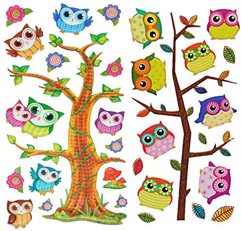 alles-meine.de GmbH 31 TLG. Set 3-D Soft Sticker/Aufkleber - Bunte Eulen auf AST mit Blüten und Blumen - Eule Baum Bunte Blätter Bäume blau Vögel