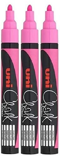 Uni Fluoreszierendes Neon-Pink Rundspitze (1,8–2,5 mm) Flüssigkreide-Marker, Farbe Whiteboard, Tafel, Kreidetafel, Menü, Glas, Fenster, nass abwischbar, nicht permanent (3 Stück) PWE-5M
