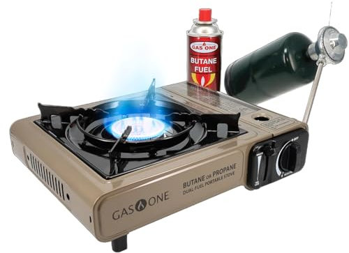 Gas ONE Propane or Butane Stove GS-3400P Dual Fuel Portable Camping and Backpacking Gas Stove Burner with Carrying Case Great for Emergency Preparedness Kit (Gold)