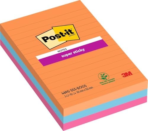 Post-it Super Sticky Notes, Boost Colour Collection, Lined, Large Size XXL, Pack of 3 Pads, 101 mm x 152 mm, 90 Sheets per Pad - Extra Sticky Notes for Walls, Monitors and Fridge