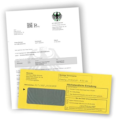Unser-Festtag Lustige Einladungskarten zum Geburtstag, individuell bedruckt, jedes Alter möglich 40 50 60 70, Wunschtext, Mahnung Zustellung, 80 Briefe mit Umschlag