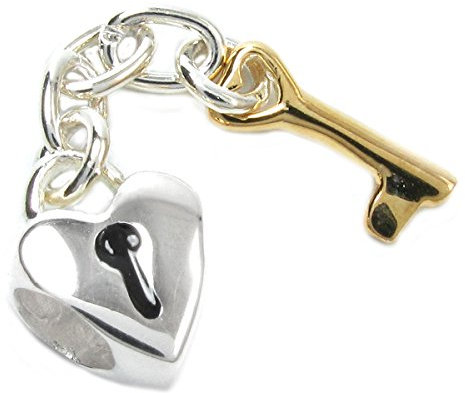 Charm in argento Sterling a forma di lucchetto a cuore e chiave pendente, per bracciali da charm in stile europeo