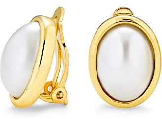 Einfache Weiße Simulierte Perlen Cabochon Oval Clip Ohrringe Für Frauen Für Nicht Durchstochene Ohren Vergoldetes Messing