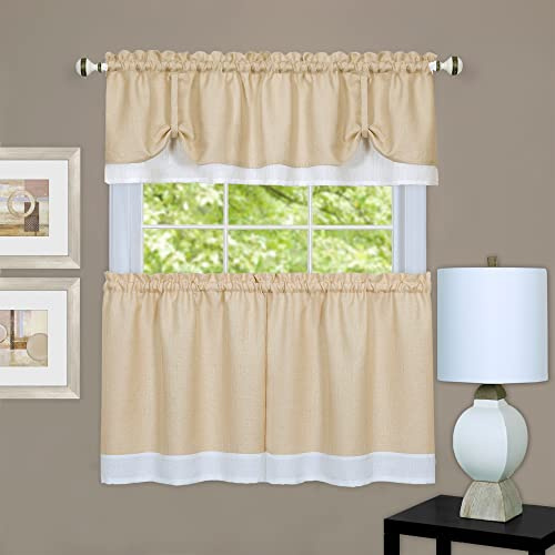 Darcy (Tan/White) Tier and Valance Curtain Set, 58 x 24 in, Light Filtering