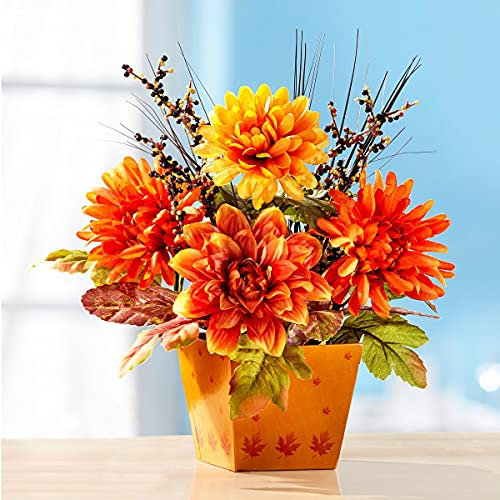 TRI Gesteck Goldener Herbst, Blumendekoration künstlich, Dahlien-Blüten in Blumentopf, Herbst-Dekoration, 26 x 22 x 16 cm
