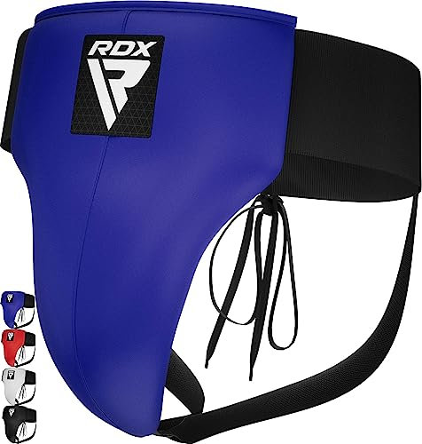 RDX Tiefschutz Herren Kampfsport Boxen, Genehmigt SATRA, Maya Hide Leder,Hodenschutz Manner MMA Kickboxen Unterleibschutz Handball Muay Thai, Groin Guard Zubehör,Tiefenschutz Taekwondo (Blau, X-Lage)