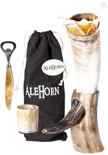 AleHorn Drinking Horn - 12 Inch Curved Style Viking Horn Drinking Cup - Viking Cup for Ale & Mead - Handcrafted Drinking Horn with Stand - Horn with Stand (Polished)