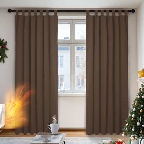 Deconovo Vorhang Blickdicht Schlaufen Gardinen Schlafzimmer Gardinen Blickidhct Kälteschutz, 245x140 cm(HöhexBreite), Braun, 2er Set
