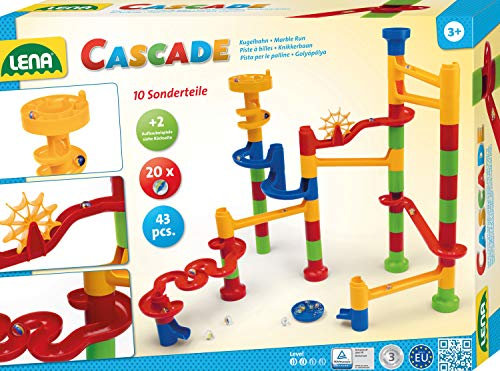 Lena 65202 Cascade Kugelbahn groß, Murmelbahn zum Zusammenbauen im bunten Design, Baukasten mit 42 Bahnelementen und 20 Glasmurmeln, Motorik und Konstruktionsspielzeug für Kinder ab 3 Jahre