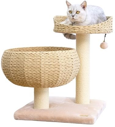 PetPals Luxuriöser Boho-Chic-Katzenbaum für Indoor-Katzen, umweltfreundlich und nachhaltig, mittelgroß, 58 cm, multifunktional, handgefertigter Turm, Plüsch-Sitzstangen, stabil und stilvoll, für