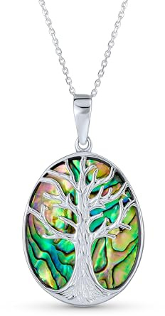 Rainbow Abalone Shell Large Oval Wishing Tree Family Tree Of Life Pendant Necklace Western Jewelry For Women .925 Sterling Silver
