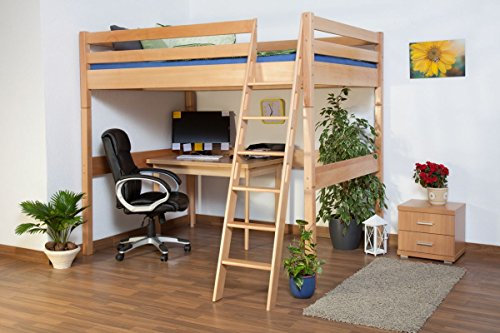 Kinderbett Hochbett Christoph Buche Vollholz massiv Natur inkl. Rollrost - 140 x 200 cm