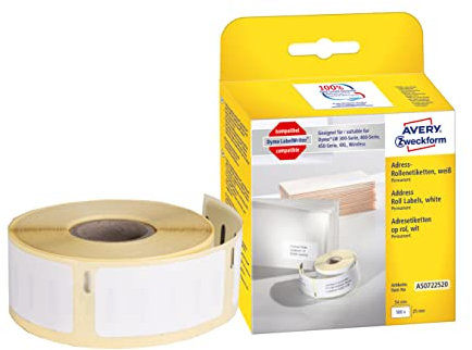 AVERY Zweckform AS0722520 Dymo LabelWriter Adressetiketten kompatibel zu S0722520 (25x54mm, 1 Rolle|500 Adressaufkleber, selbstklebend, für LW Dymo Etikettendrucker/Beschriftungsgerät/Etikettenband)