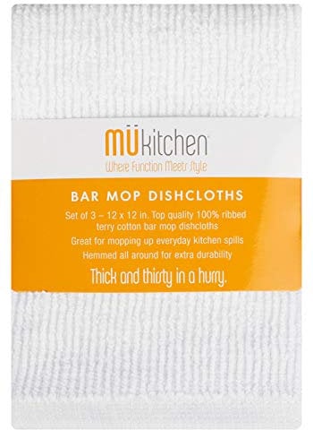 MUkitchen Cotton Bar Mop Dishcloth, 12 by 12-Inches, Set of 3, White
