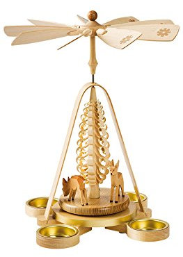 Richard Glässer Seiffen Weihnachtspyramide Rehe geschnitzt, 28 cm hoch, natur mit Teelichter, original Erzgebirge