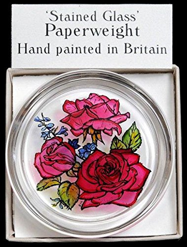 Briefbeschwerer aus Buntglas, handbemalt, Motiv rote Rosen