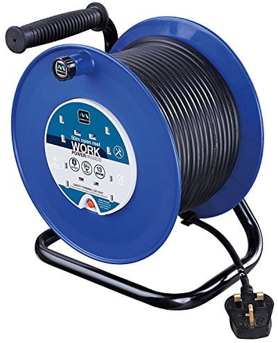 Masterplug Four Socket, 50 Metre Open Cable Reel, Large Extension Lead Reel, Wind-Up Power Retractable Cord Reel, Heavy Duty, Thermal Cut Out, Work Power, Blue/Black, 13A, 4G, 50m, HDCC5013/4BL