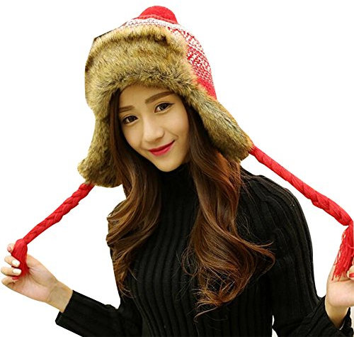 Baymate Frauen Wintermütze Künstlich Fellmütze Fliegermütze Winter Mütze Ohrenschutz Skifahren Hut mit Bommel Rot Kopfumfang (56-60CM)